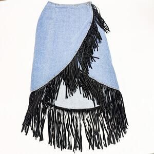 Seruchi Vintage Suede Fringe Hem Denim Straight Pencil Skirt Size 5/6